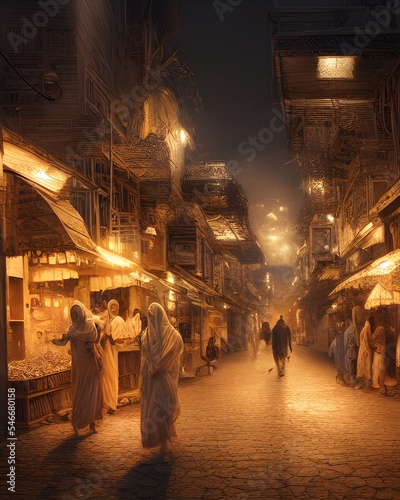 illustration busy street inside a ancient mesopotamian village, night time, roadside, middle eastern style © Alena