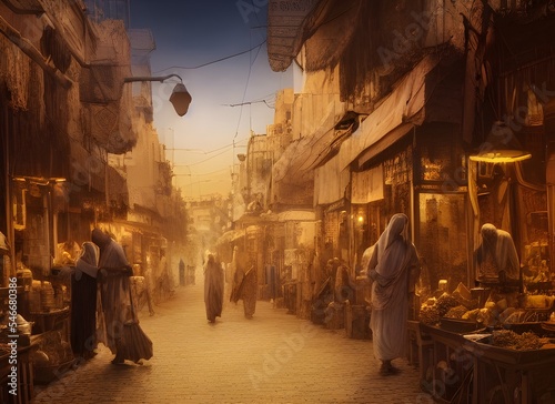 illustration busy street inside a ancient mesopotamian village, night time, roadside, middle eastern style photo