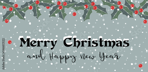 Weihnachtskarte mit Ilex Zweige, Beeren, Schneeflocken, und Wünsche mit verschneitem Text, Vektor Illustration Banner Hintergrund 