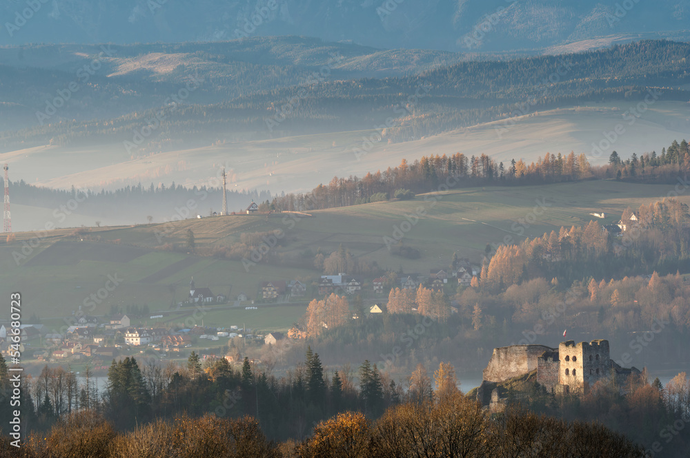 View of the castle in the mountains. Landscape of Czorsztyn in the Pieniny Mountains.