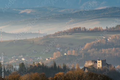 View of the castle in the mountains. Landscape of Czorsztyn in the Pieniny Mountains.