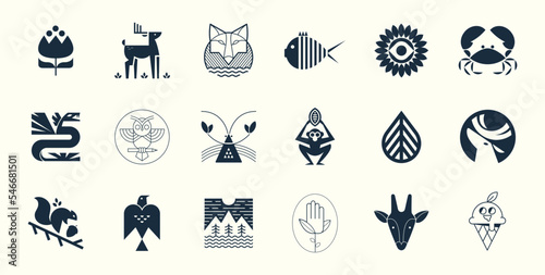 Logo collection. Nature and Animal logos. Isolated elements. Vintage badge design. Brand identity set. Black and White. Geometric animals. Minimal vector illustrations with ethnic influence. Emblems.
