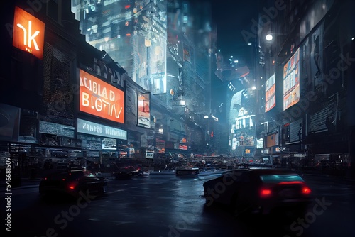 Night city with neon signs, city of discounts and black friday. Dark streets with shops, neon lights.