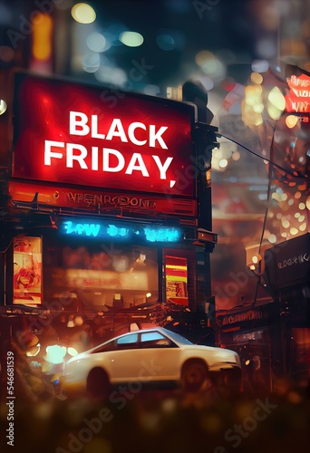 Night city with neon signs, city of discounts and black friday. Dark streets with shops, neon lights.
