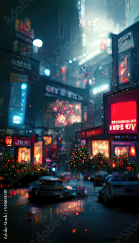 Night city with neon signs, city of discounts and black friday. Dark streets with shops, neon lights.