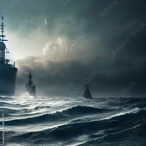 Fotobehang Warship at sea during the night watch. 3D illustration