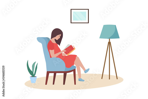 Young woman reading a book on a chair at home. The concept of returning home, rest and comfort. Isolated Vector Illustration