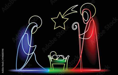 Billede på lærred Christmas illumination with Holy Family