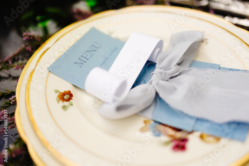 Plate decor menu ribbon wedding table setting place photo
