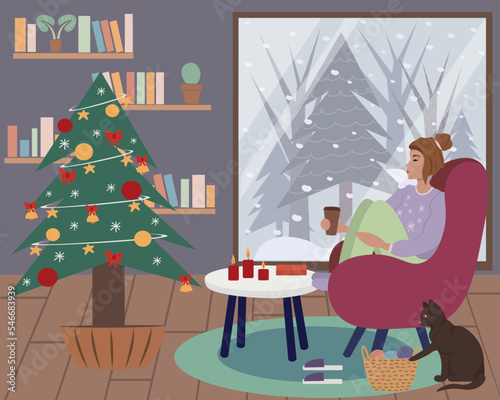 Illustration with a woman at the Christmas tree. The girl drinks coffee against the backdrop of a window with a winter forest. A cat sits nearby and plays with balls of yarn. Interior  wooden floor