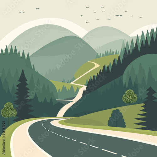 Beautiful landscape with a road going through the tall green hills - a natural concept