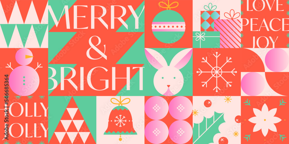Christmas and Happy New Year greeting banner template.Festive vector background in bauhaus style with traditional winter holiday symbols.Xmas trendy design for branding,invitations,prints,social media Christmas and Happy New Year greeting banner template.Festive vector background in bauhaus style with traditional winter holiday symbols.Xmas trendy design for branding,invitations,prints,social media