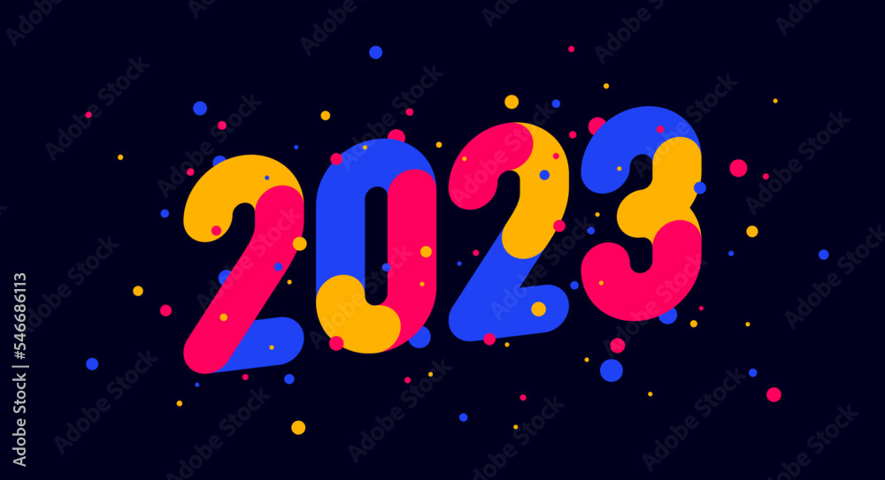 2023. Happy New Year. Greeting card, banner, poster with inscription 2023. Geometric bright style for happy new year 2023. Background, happy new year symbol for web, print. Vector Illustration 2023. Happy New Year. Greeting card, banner, poster with inscription 2023. Geometric bright style for happy new year 2023. Background, happy new year symbol for web, print. Vector Illustration