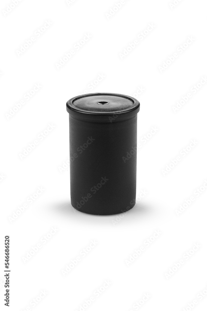 Black 35mm photographic film can isolated on white background