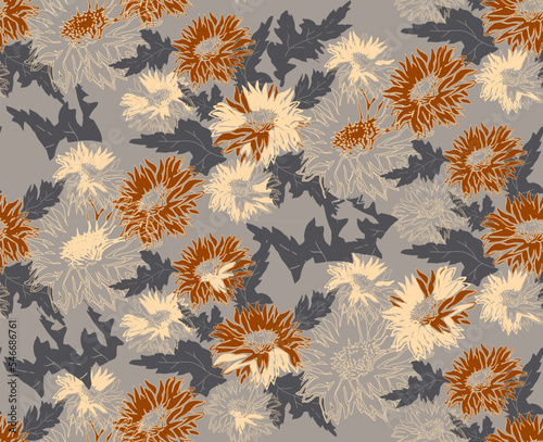 Calm colors floral seamless pattern of hand drawn chrysanthemum flowers in grey beige earth tones. For design, package, home textile, fabric, wallpaper, bedding, clothes fabrics.