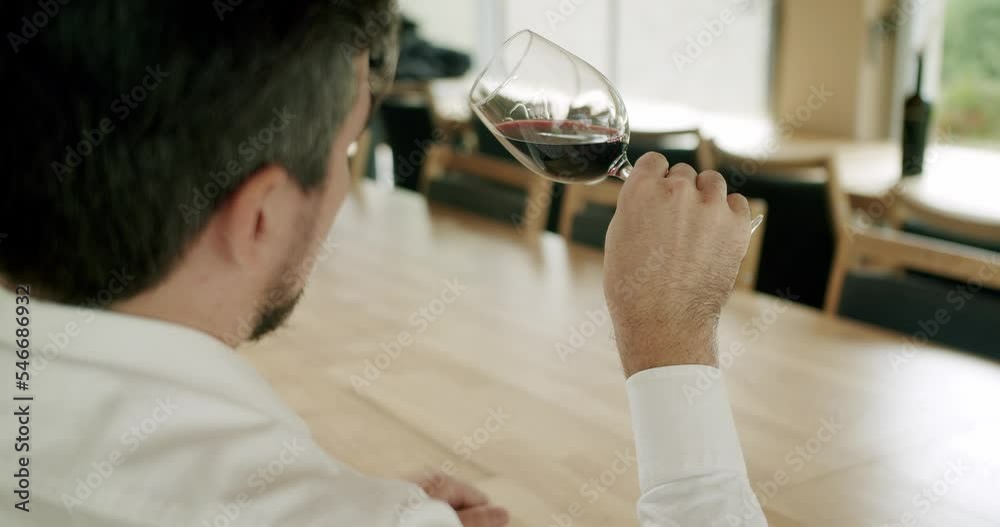 Positive sommelier mixing red wine in glass evaluating color at tasting