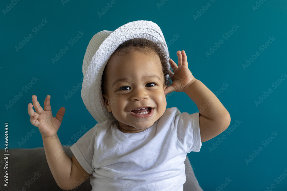 happy smiling one year old baby portrait in hat, fashion child boy happy smiling one year old baby portrait in hat, fashion child boy