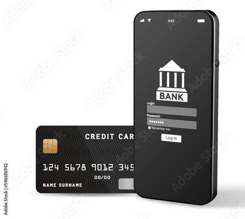 Mobile banking application. Mobile phone with internet online bank app. Pig bank with hundred dollar bill on white background. Save money business wallet.