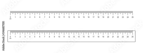 25 cm ruler and scale isolated on white background. Math or geometric tool for distance, height or length measurement with markup and centimetres numbers. Vector outline illustration.