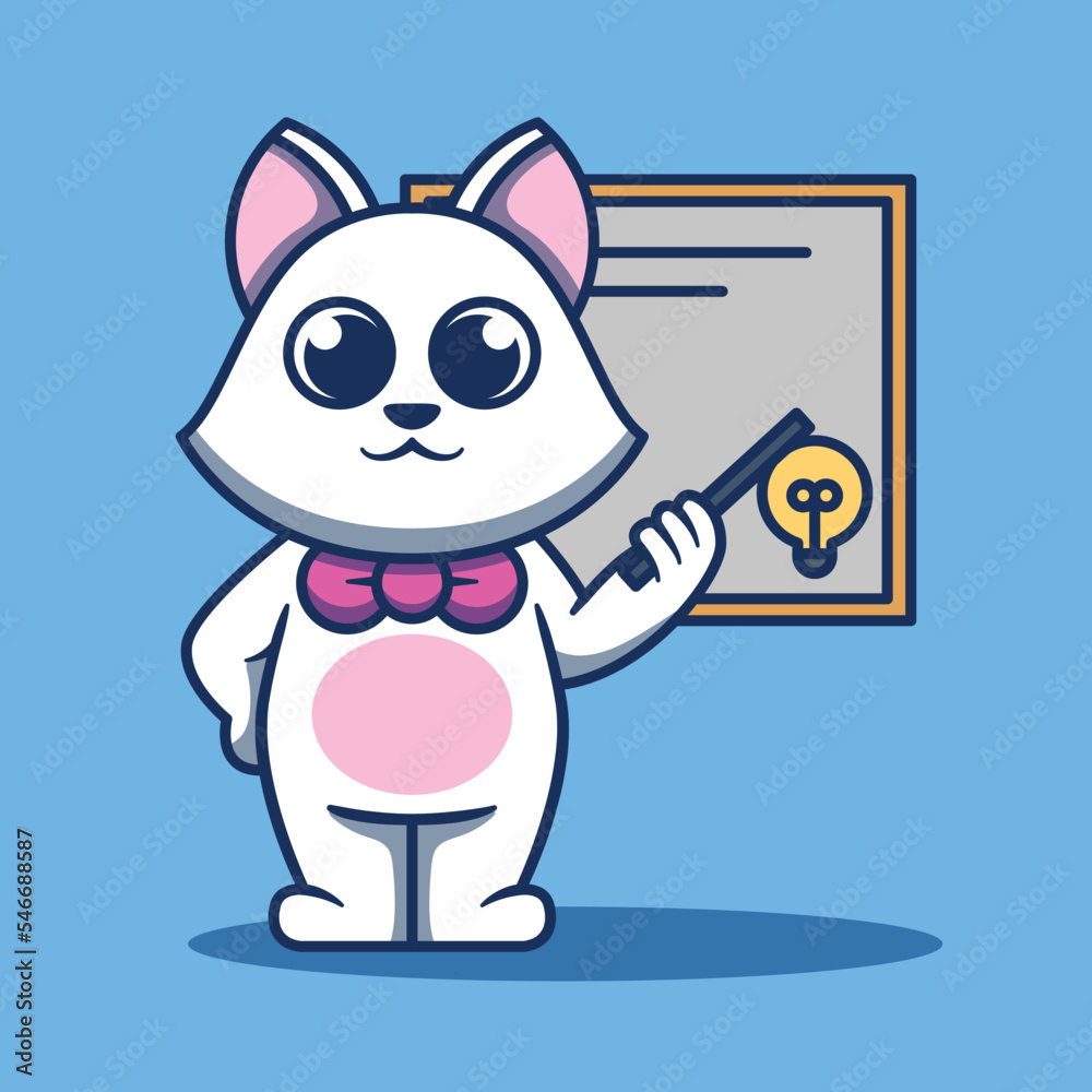 White cat character design teaching. Flat cartoon style.