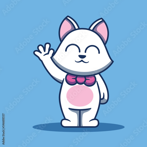Waving white cat character design. Flat cartoon style.