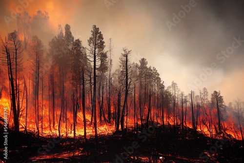 Aftermath of Fire in Forest with Burned Tree Grove photo