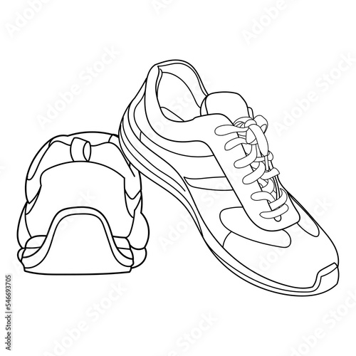 Hand drawn sneakers, gym shoes rear and 3d view. Classic vintage style. Doodle vector illustration.