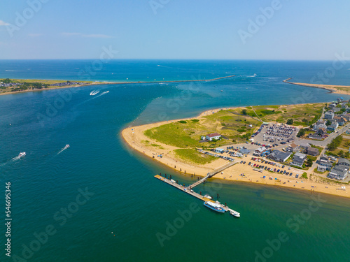 Plum Island Beach aerial view at the northern most point of Plum Island at the mouth of Merrimack River to Atlantic Ocean, Newburyport, Massachusetts MA, USA.  photo