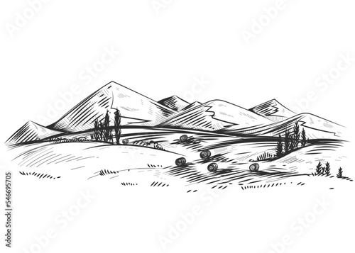 Hand drawn sketch black and white of mountains  tree landscape. Vector illustration. Elements in graphic style label  sticker  menu  package. Engraved style.