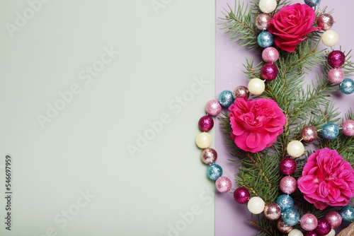 Christmas  pine branches and red roses, background