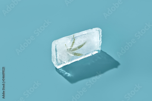 Cannabis frozen in ice on blue background.