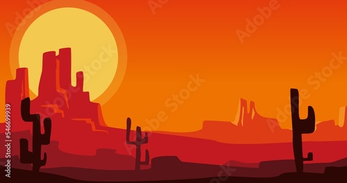 red sun gradient cactus rocky mountains nature background illustration