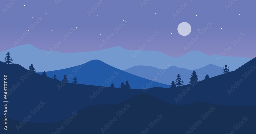 illustration of a natural background of blue gradations of mountains and trees at night