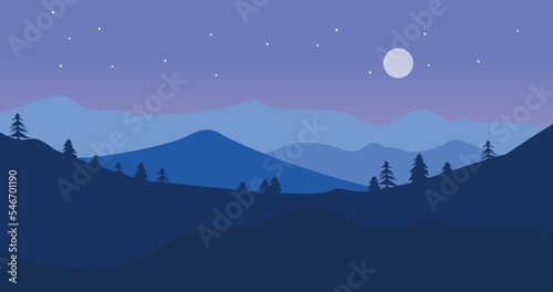 illustration of a natural background of blue gradations of mountains and trees at night