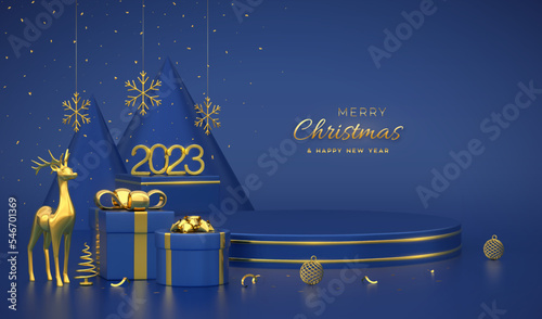Christmas Scene and 3D round platforms on blue background. 3D Golden numbers 2023. Blank Pedestal with deer, shining snowflakes, balls, gift boxes, gold metallic cone shape pine, spruce trees. Vector.