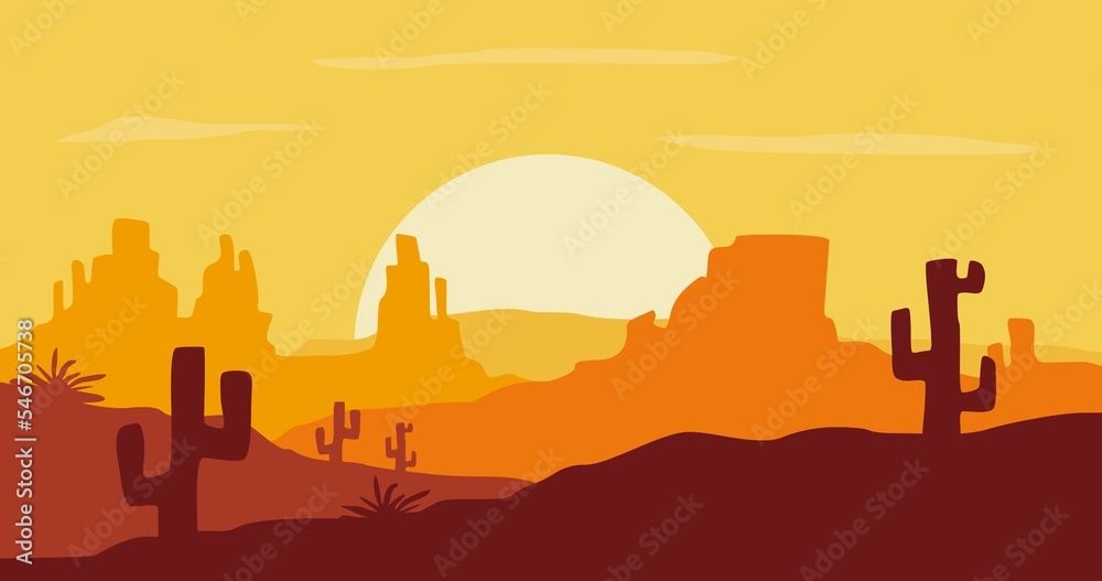 background illustration of rocky mountains and cactus in hot sun