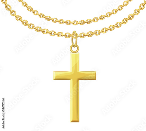 Golden cross with chain vector icon isolated on white background, gold metal necklace illustration, symbol of religious jewelry