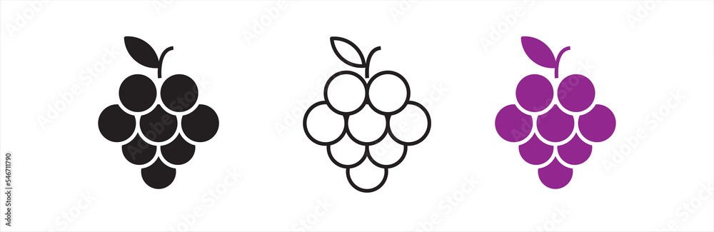 Grape icon set. Grape Icon Food Fruits. Different wine grapes. Bunch of grapes in simple flat style. Grape symbol and sign. Vector illustration. Grape icon set. Grape Icon Food Fruits. Different wine grapes. Bunch of grapes in simple flat style. Grape symbol and sign. Vector illustration.