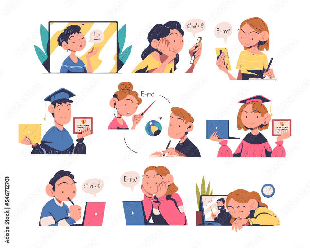 Online Education and E-learning with People Characters Having Lesson on Web Platform Vector Set Online Education and E-learning with People Characters Having Lesson on Web Platform Vector Set