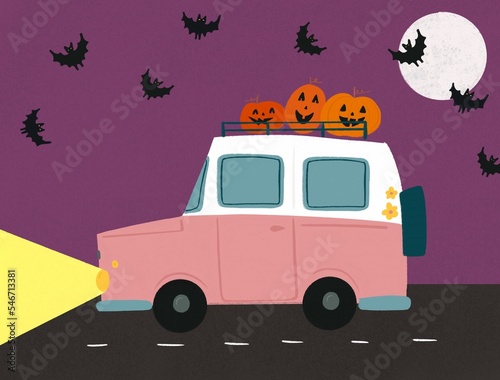 Halloween happy pumpkins on top of vintage van photo