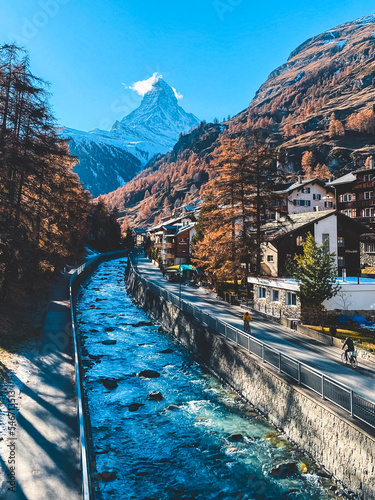 Zermatt with the Matterhorn in the distance,  River with the Matterhorn in the background, River and Matterhorn in Zermatt, River with mountain in the background, Village at a river with a mountain