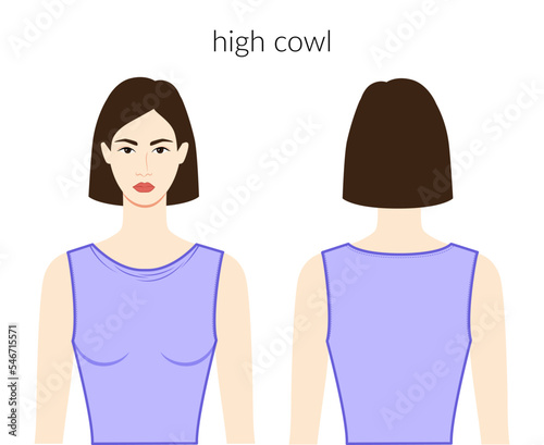 High cowl neckline clothes character beautiful lady in lavanda top, shirt, dress technical fashion illustration with fitted body. Flat apparel template front, back sides. Women, men unisex CAD mockup