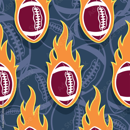 Rugby balls and fire flame seamless pattern vector art image. Flaming american football balls continuous background wallpaper texture.