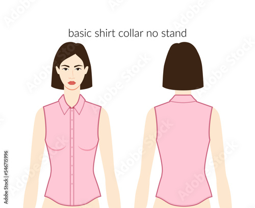 Basic shirt collar no stand neckline placket clothes character beautiful lady in pink top, dress technical fashion illustration with fitted body. Flat apparel template. Women, men unisex CAD mockup