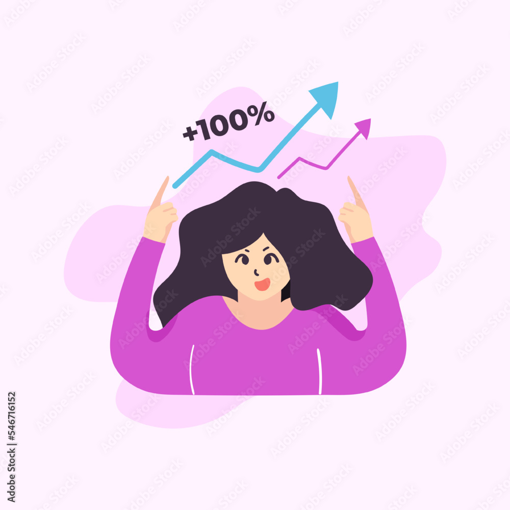 Cute flat illustration adorable cartoon happy business woman chart graph for sticker icon mascot and logo Cute flat illustration adorable cartoon happy business woman chart graph for sticker icon mascot and logo