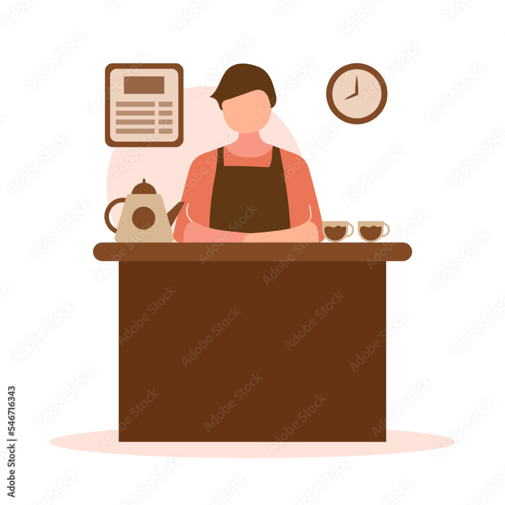 Cute flat illustration cartoon happy coffee boy man barista cafe for sticker icon mascot and logo Cute flat illustration cartoon happy coffee boy man barista cafe for sticker icon mascot and logo