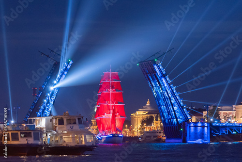 A ship with scarlet sails. Floats along the Neva River in the city of St. Petersburg. A celebration dedicated to school graduates.