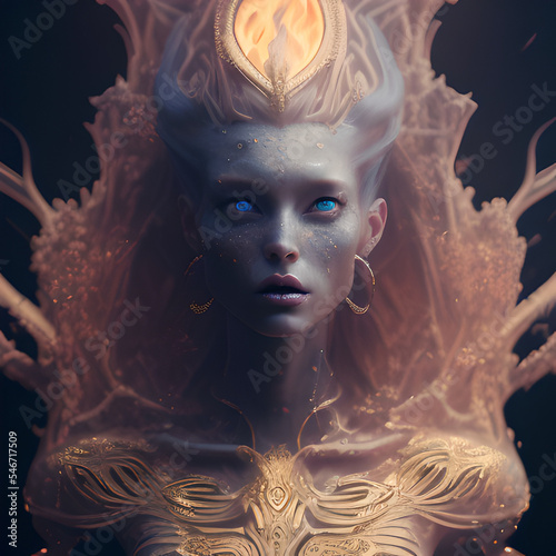 A female succubus demon portrait. A young and beautiful woman's face surrounded by flames and fire. Concept art photo