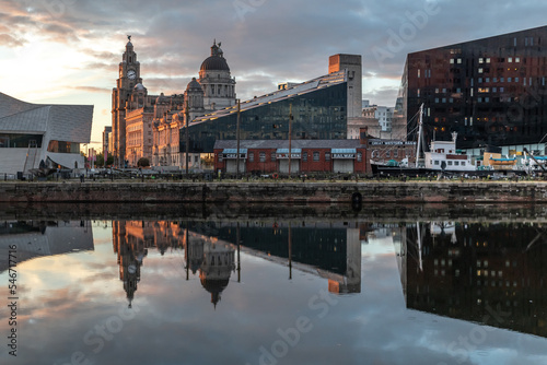 Royal Liver Building and the Museum in Liverpool  image captured at sunset in the city center downtown docklands