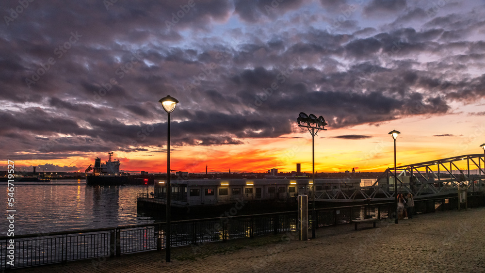 UK landmark Liverpool, image captured at sunset in the city center downtown dockland